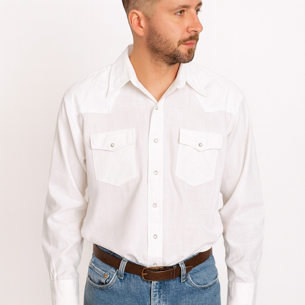Levi's Western Pearl Snap Shirt Mens Large White Poly Cotton Slub Vintage Style